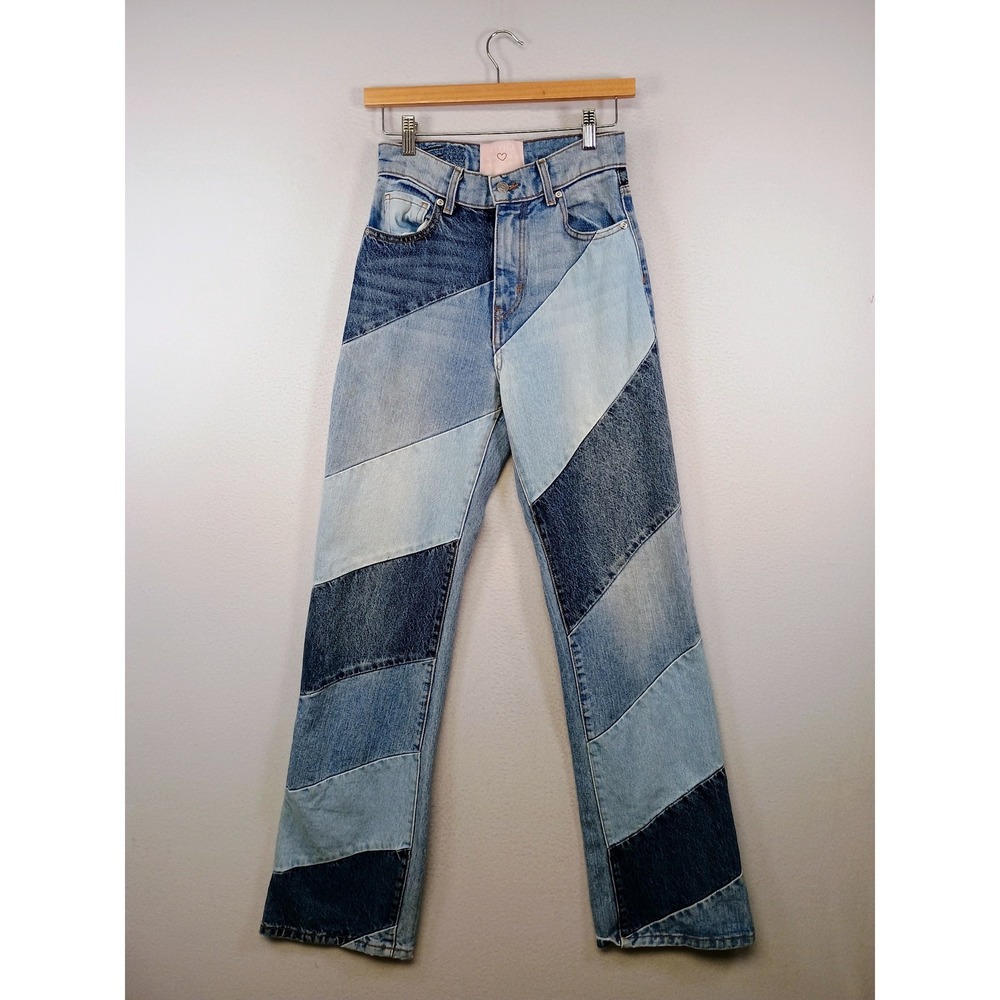 Boho Retro Revice Denim Womens 25 Blue Patchwork High Rise Straight Leg Jeans